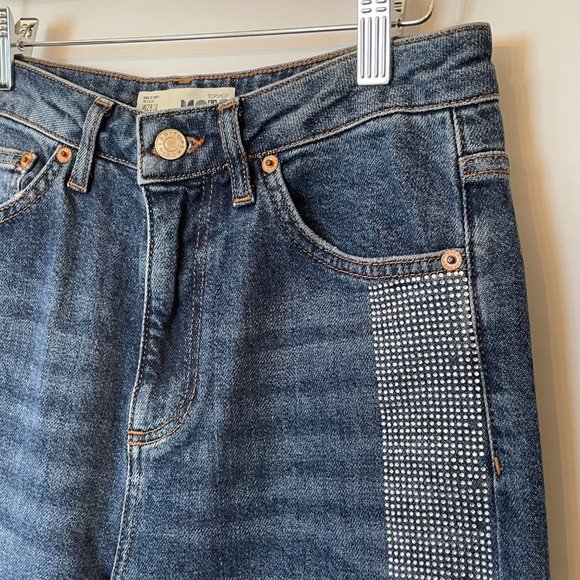 TopShop Moto Womens Size 28 Hi Rise Denim Jeans Embellished Side Stripes Bling - Picture 8 of 14